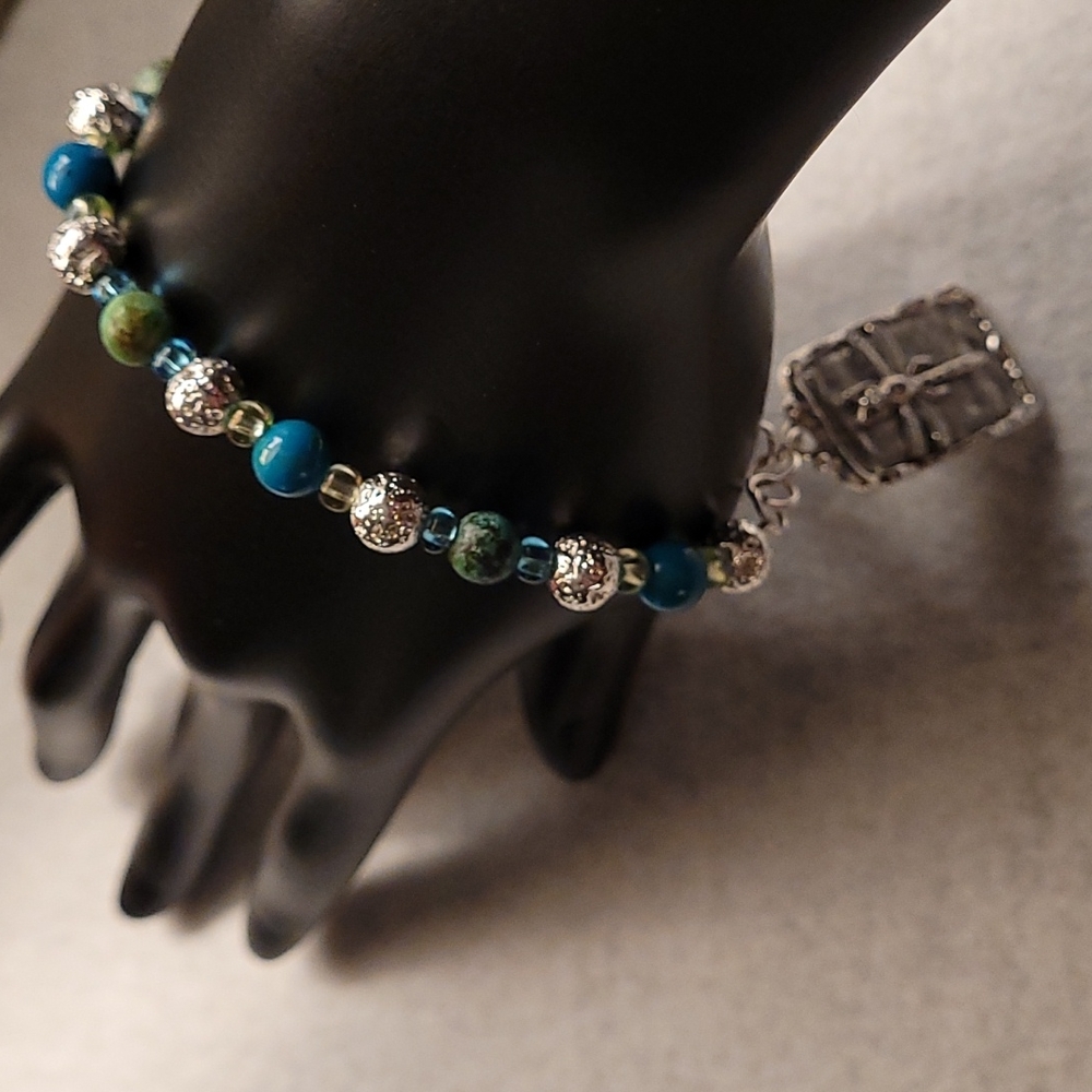 Blue Agate and Titanium Lava Rock with Dragonfly Charm